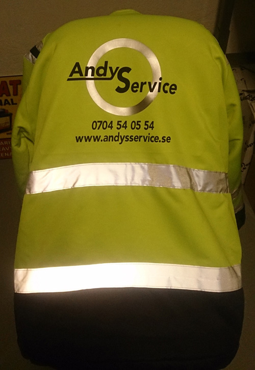 Reflexjacka Andys Service, tryckt av Andys Service, Dals Långed